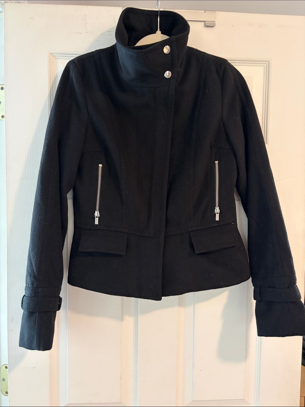 Express Black Funnel Collar Pea Coat with Zip Pockets